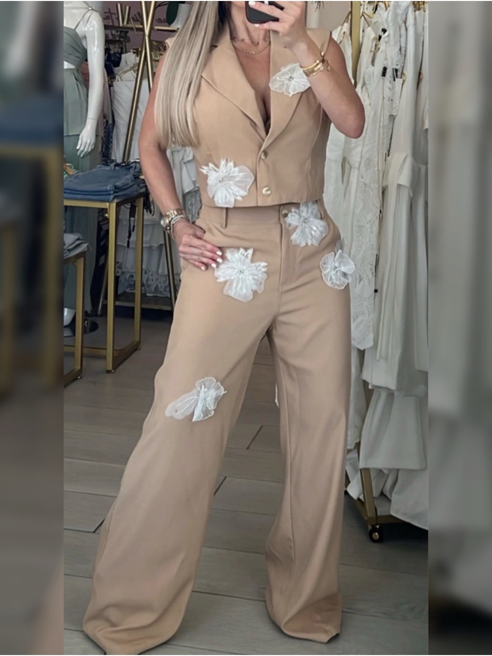 Beige Floral Applique Wide-Leg Pantsuit